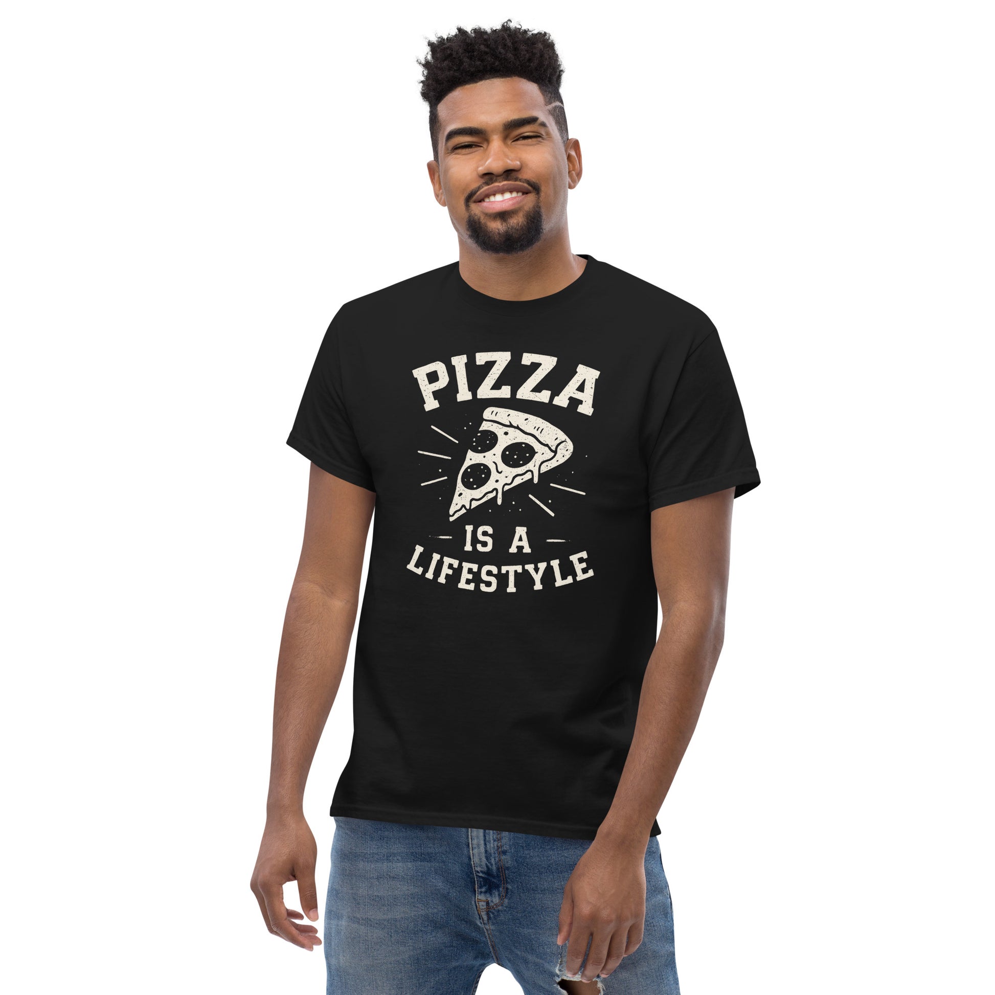 Man wearing a black t-shirt with 'Pizza is a Lifestyle' text and graphic on a white background