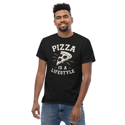 Man wearing a black t-shirt with 'Pizza is a Lifestyle' text and graphic on a white background