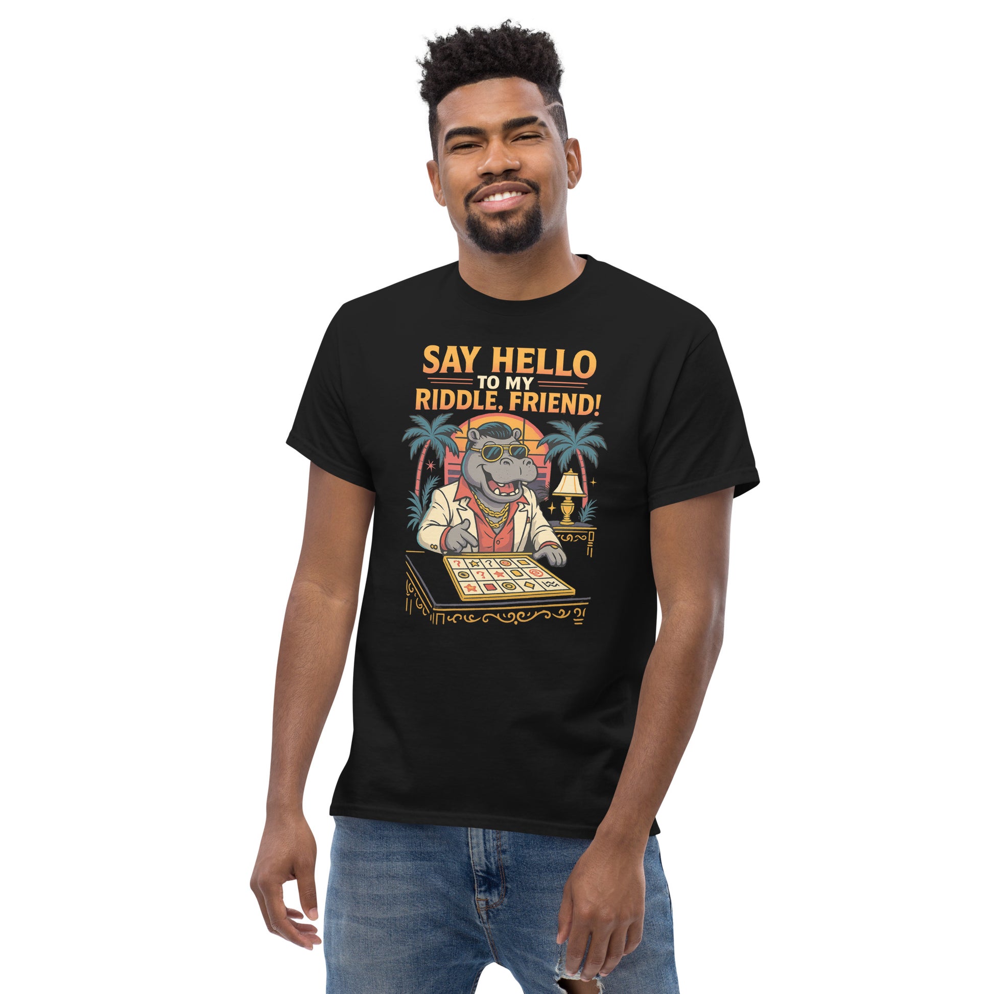 man wearing black shirt with hippo playing a game and text "Say hello to my riddle, friend!"