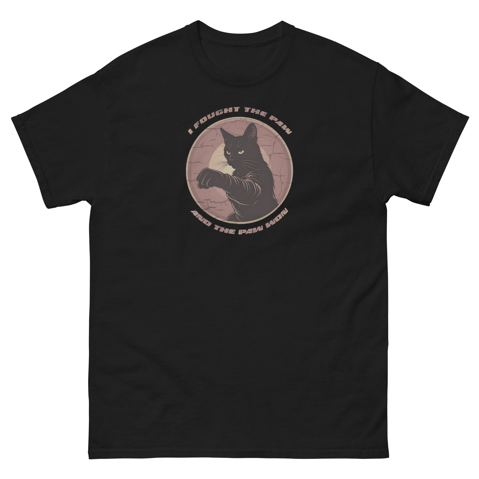 black Unisex t-shirt with bold slogan I Fought the Paw featuring cat humor design
