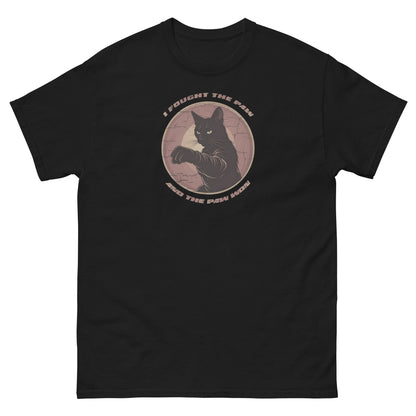 black Unisex t-shirt with bold slogan I Fought the Paw featuring cat humor design