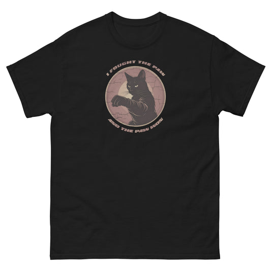 black Unisex t-shirt with bold slogan I Fought the Paw featuring cat humor design