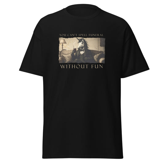 Black t-shirt with graphic design and text on a white background