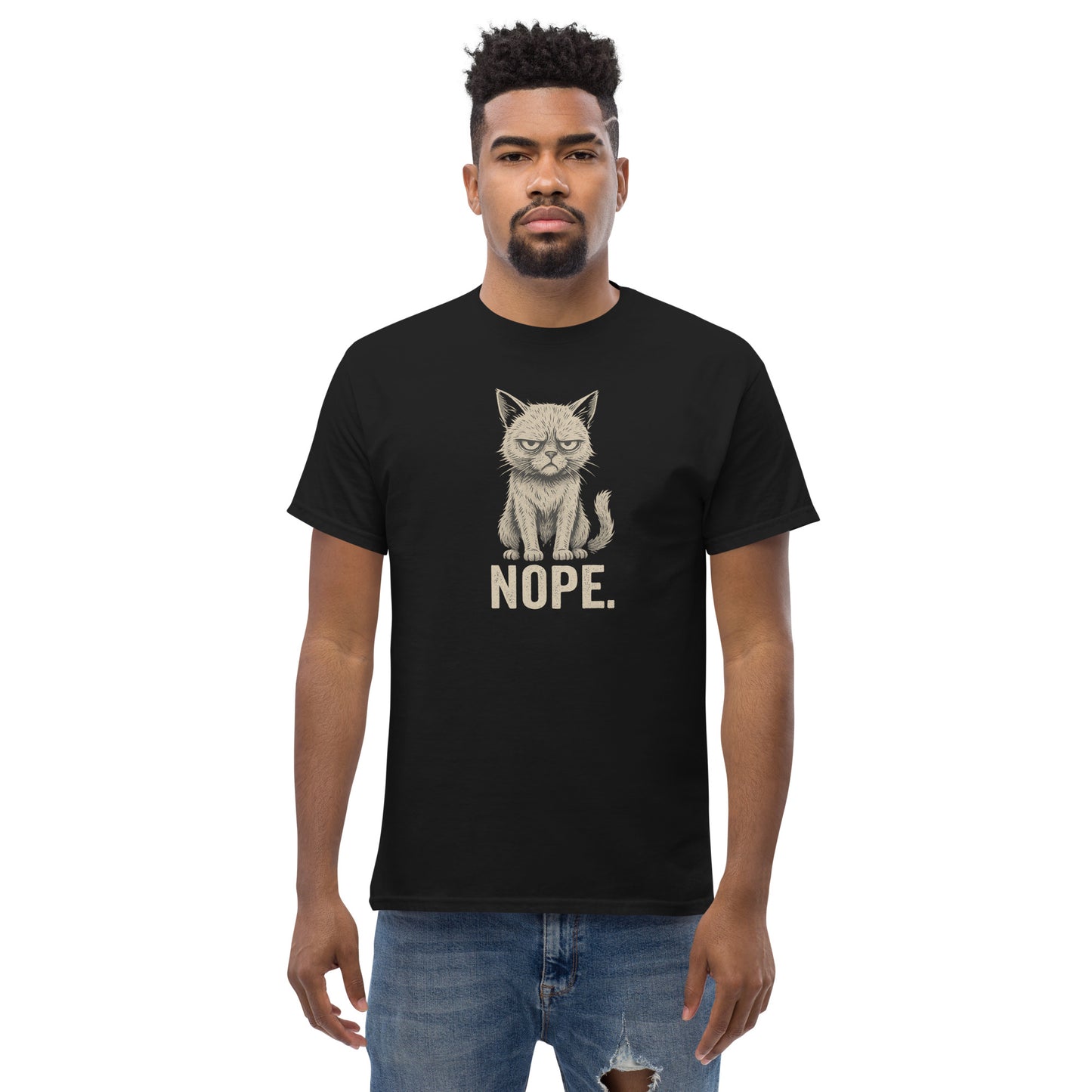 Man wearing a black t-shirt with a cat graphic and 'NOPE.' text on a white background