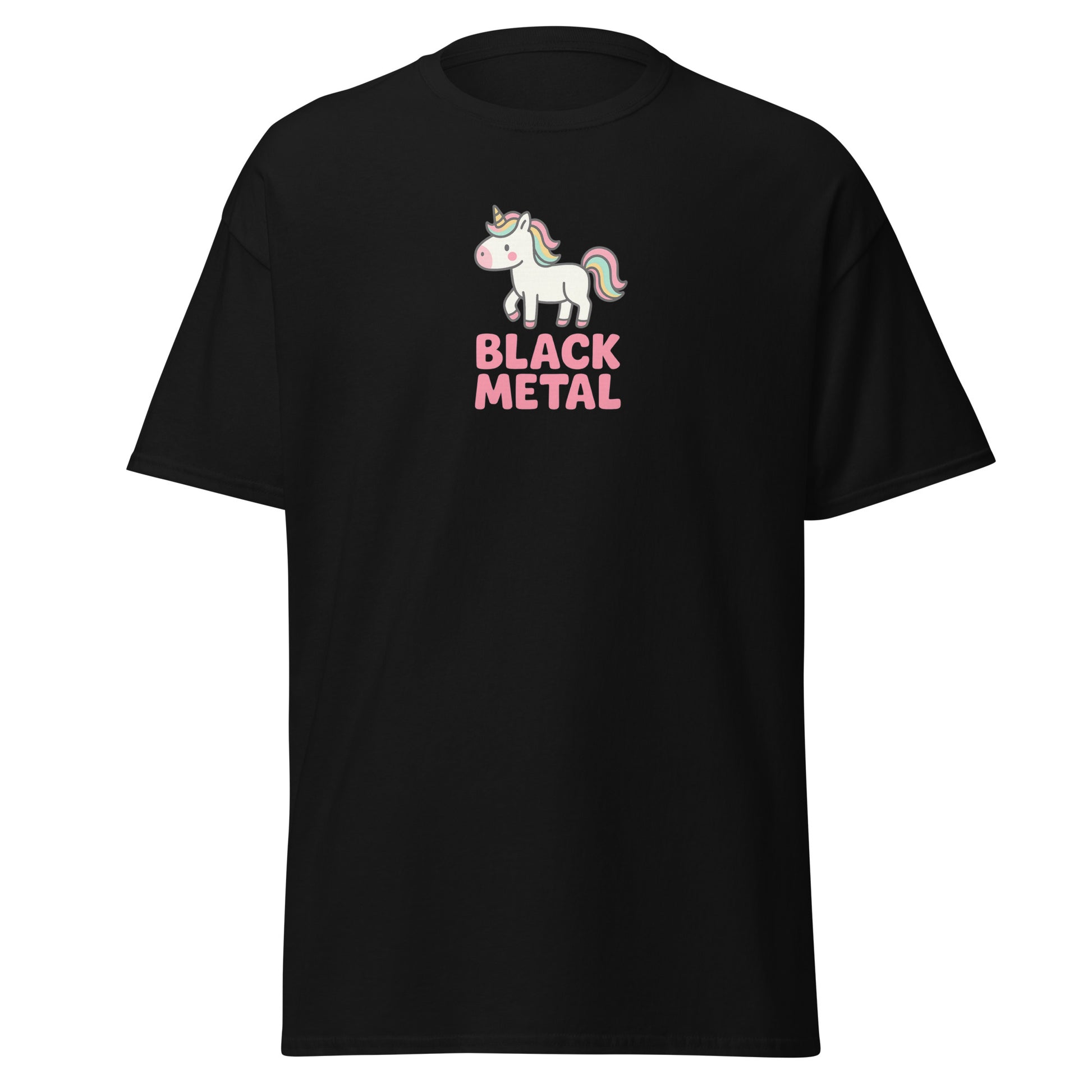 Black t-shirt with a unicorn and 'Black Metal' text on a white background