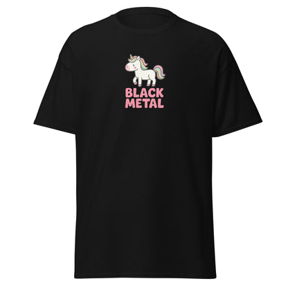 Black t-shirt with a unicorn and 'Black Metal' text on a white background