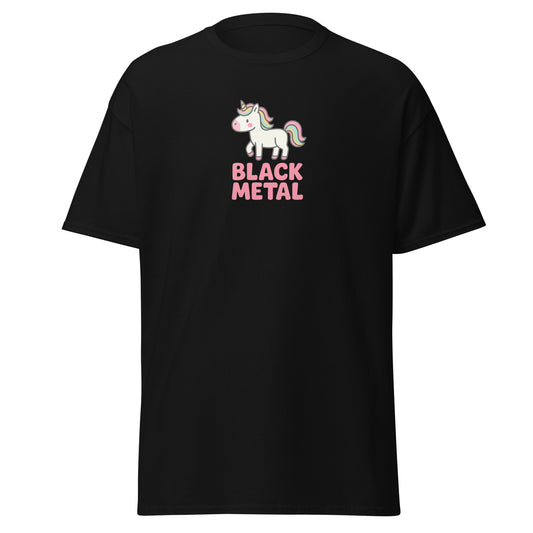 Black t-shirt with a unicorn and 'Black Metal' text on a white background