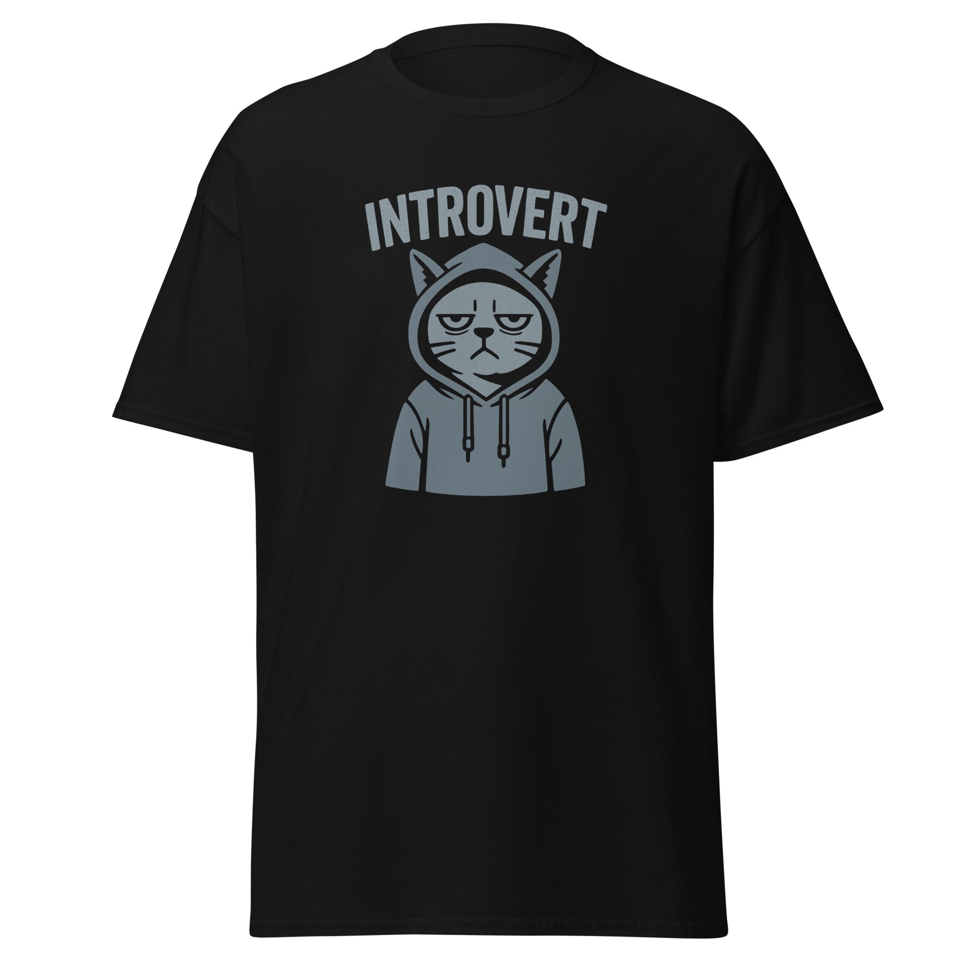 Black t-shirt with an graphic of a cat in a hoodie and 'Introvert' text on a white background