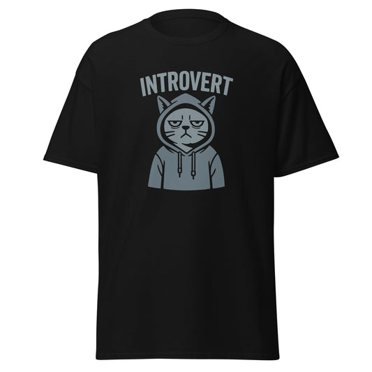 Black t-shirt with an graphic of a cat in a hoodie and 'Introvert' text on a white background