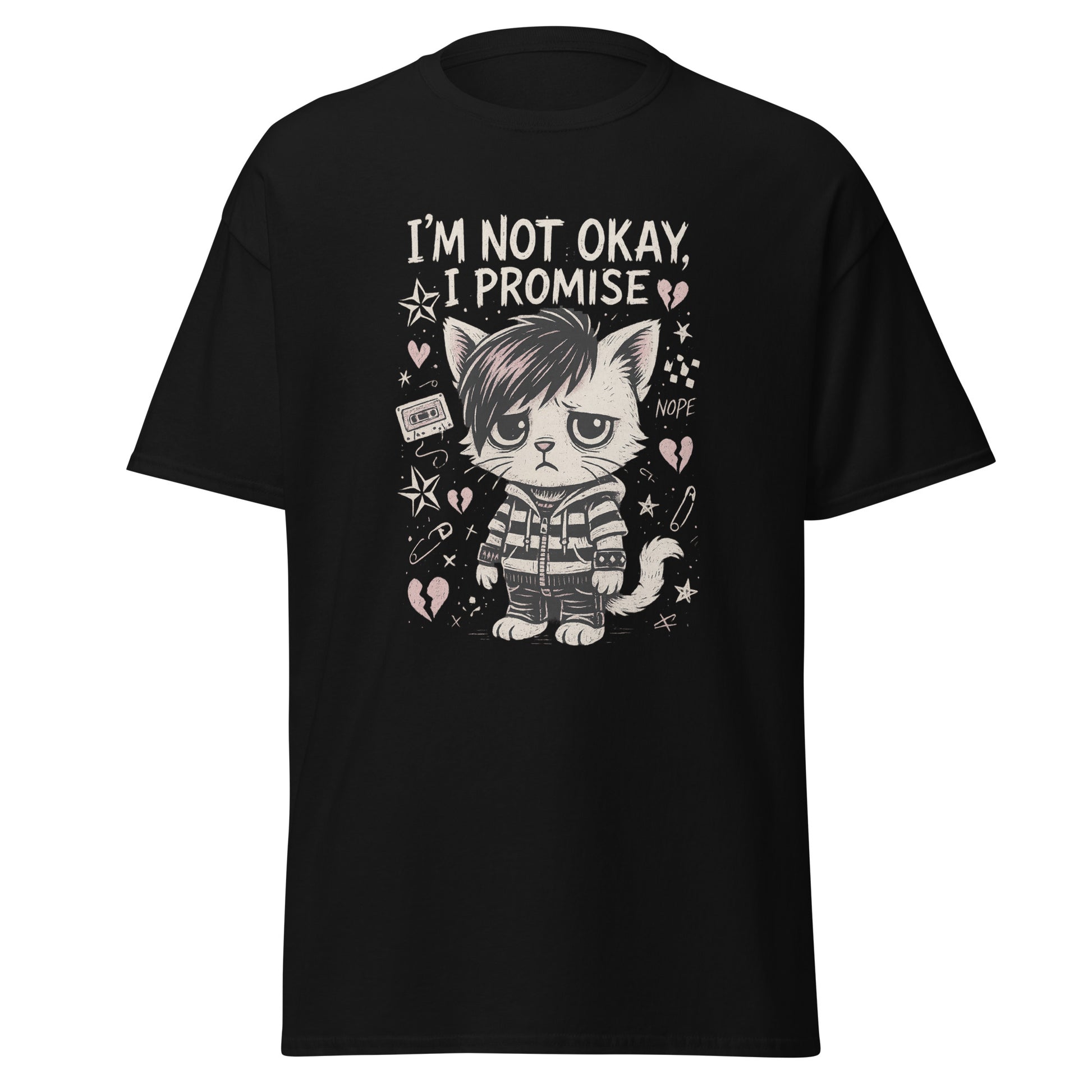 Black t-shirt with a graphic of a cat and text 'I'm Not Okay, I Promise' on a white background