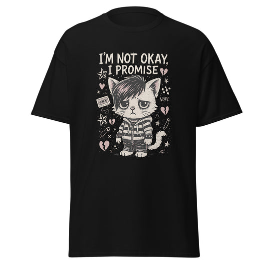 Black t-shirt with a graphic of a cat and text 'I'm Not Okay, I Promise' on a white background