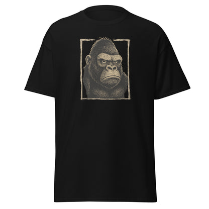 Black t-shirt with a graphic of a gorilla's face on a white background