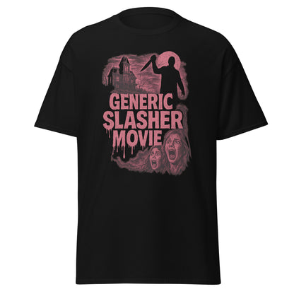 Black t-shirt with 'Generic Slasher Movie' graphic design on a white background
