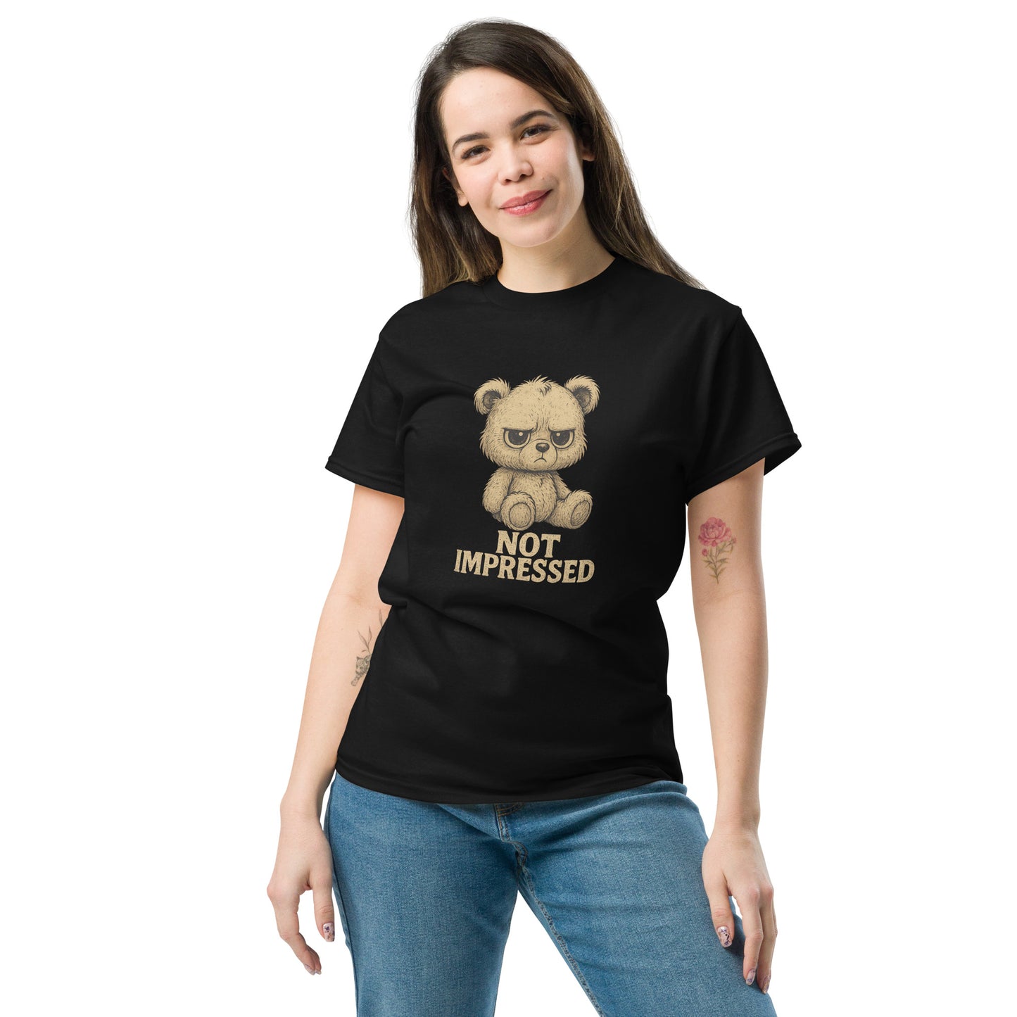 Woman wearing a black t-shirt with a bear graphic and 'Not Impressed' text on a white background