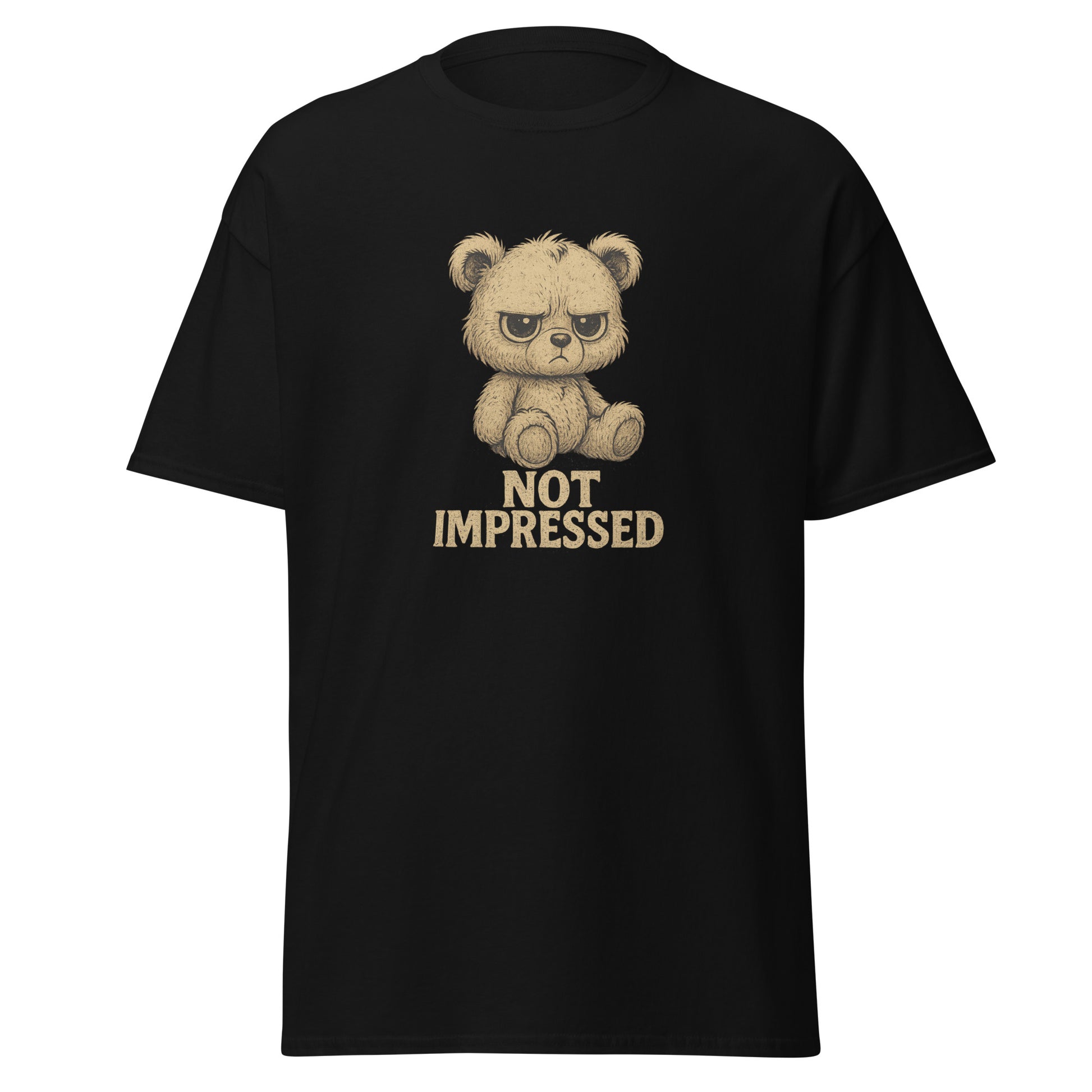 Black t-shirt with a bear graphic and 'Not Impressed' text on a white background