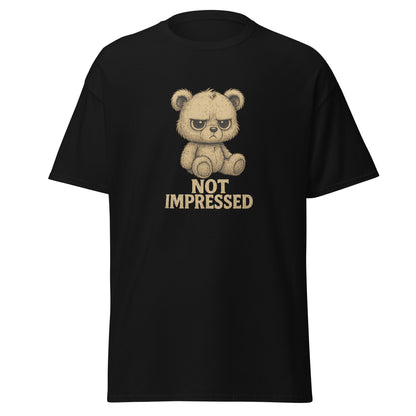 Black t-shirt with a bear graphic and 'Not Impressed' text on a white background