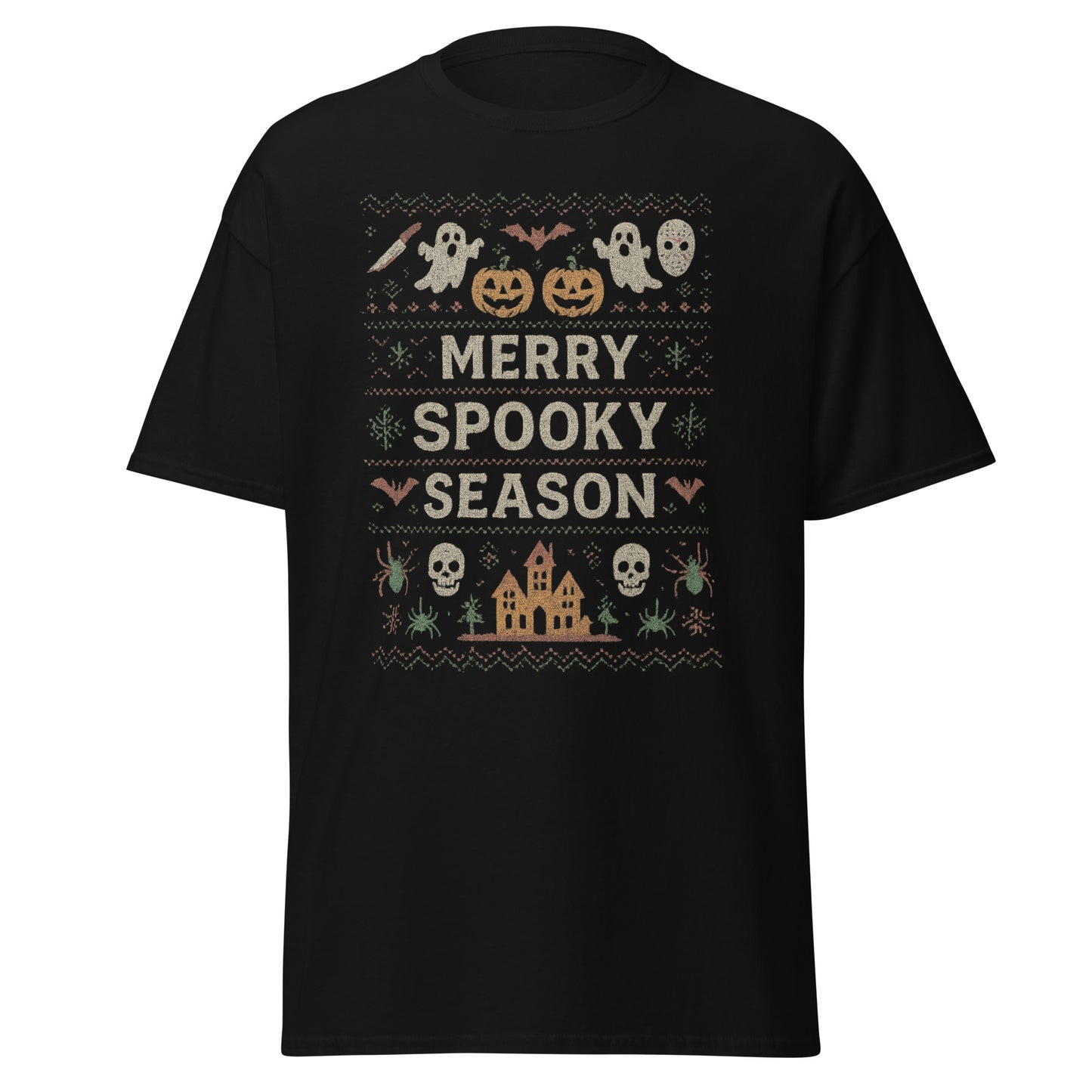 Black t-shirt with Halloween-themed design and 'Merry Spooky Season' text on a white background