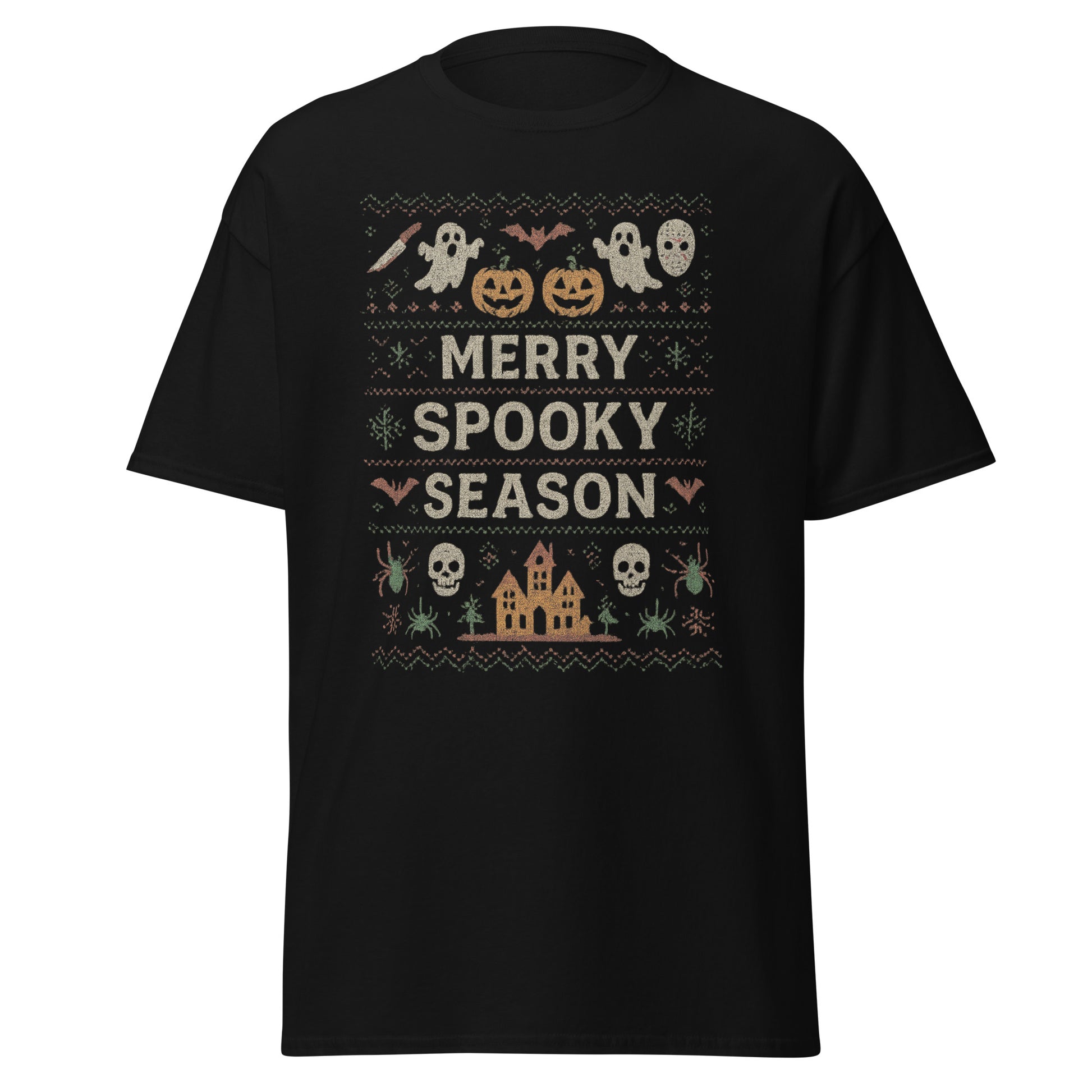 Black t-shirt with Halloween-themed design and 'Merry Spooky Season' text on a white background
