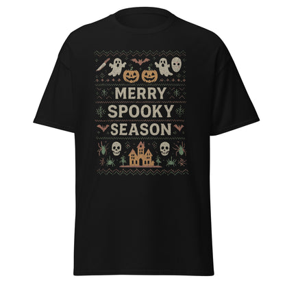 Black t-shirt with Halloween-themed design and 'Merry Spooky Season' text on a white background