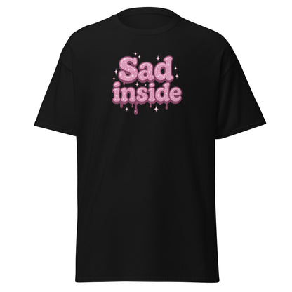 Black t-shirt with 'Sad inside' text in pink on a white background
