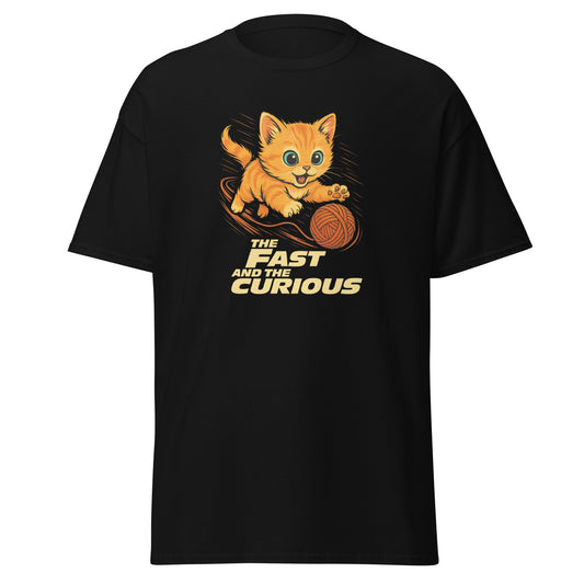 Black t-shirt with a cat graphic and text 'The Fast and the Curious' on a white background