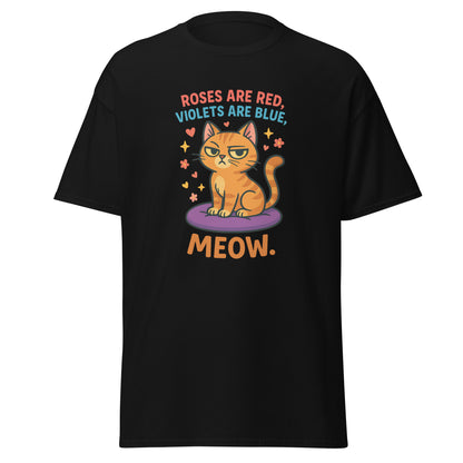 Black t-shirt with a cat graphic and text on a white background