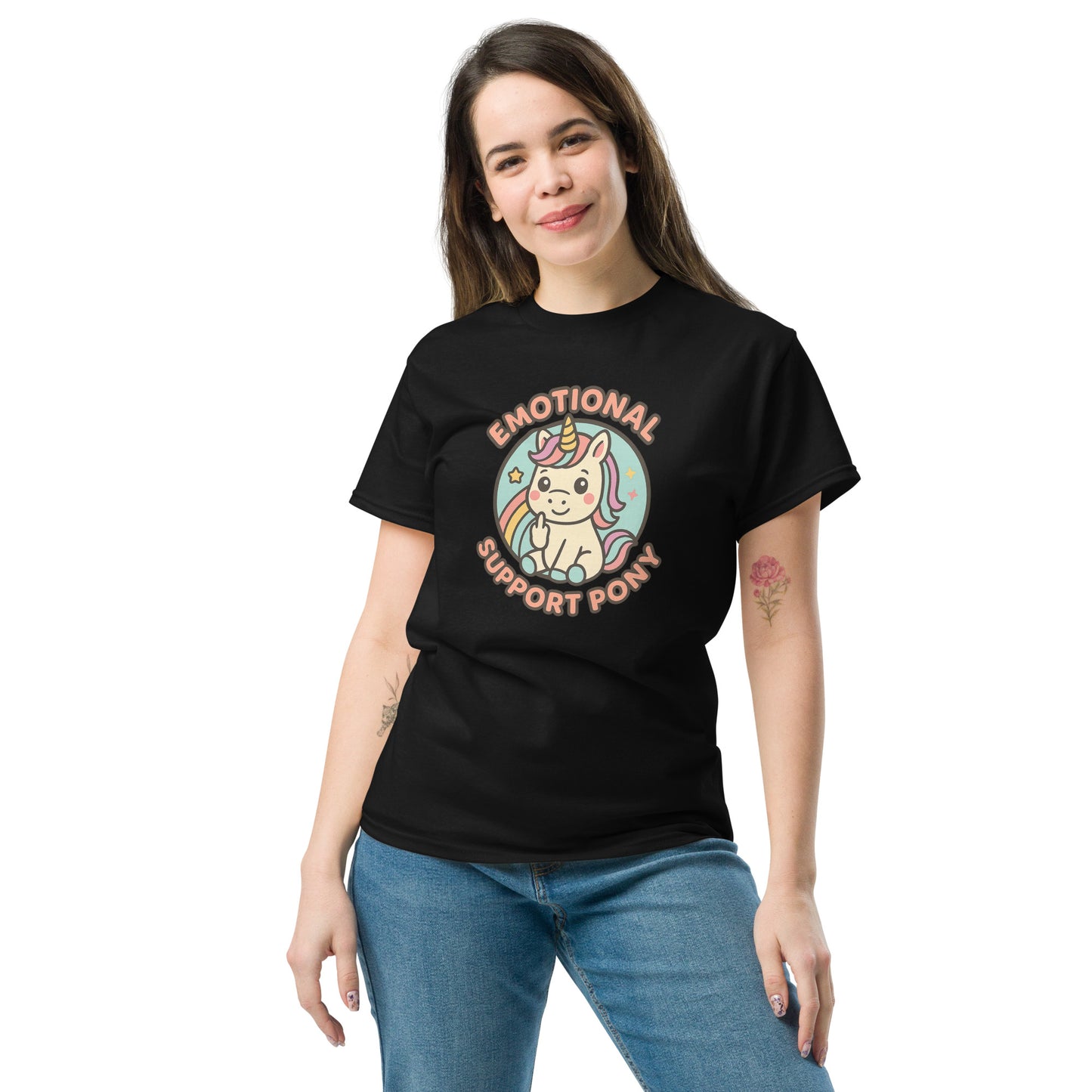 Woman wearing a black t-shirt with a colorful graphic and text on a white background