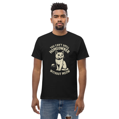 Man wearing a black t-shirt with a cat graphic and text on a white background
