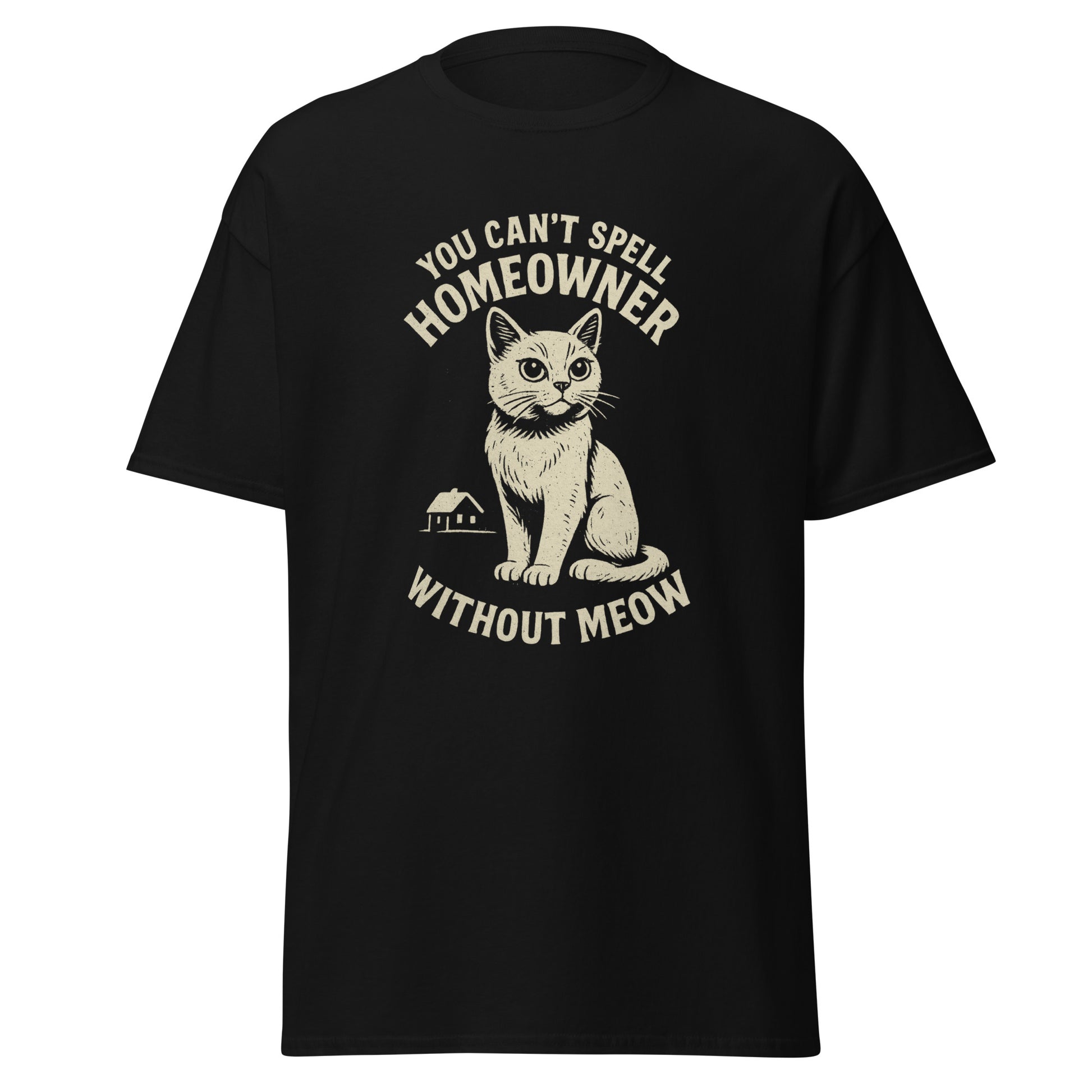 Black Unisex t-shirt with bold slogan Homeowner featuring hidden MEOW to show cats own the house
