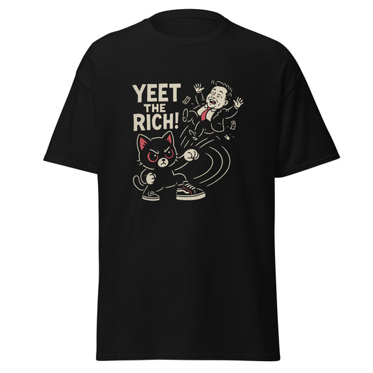 Black t-shirt with graphic design and text 'YEET THE RICH!' on a white background