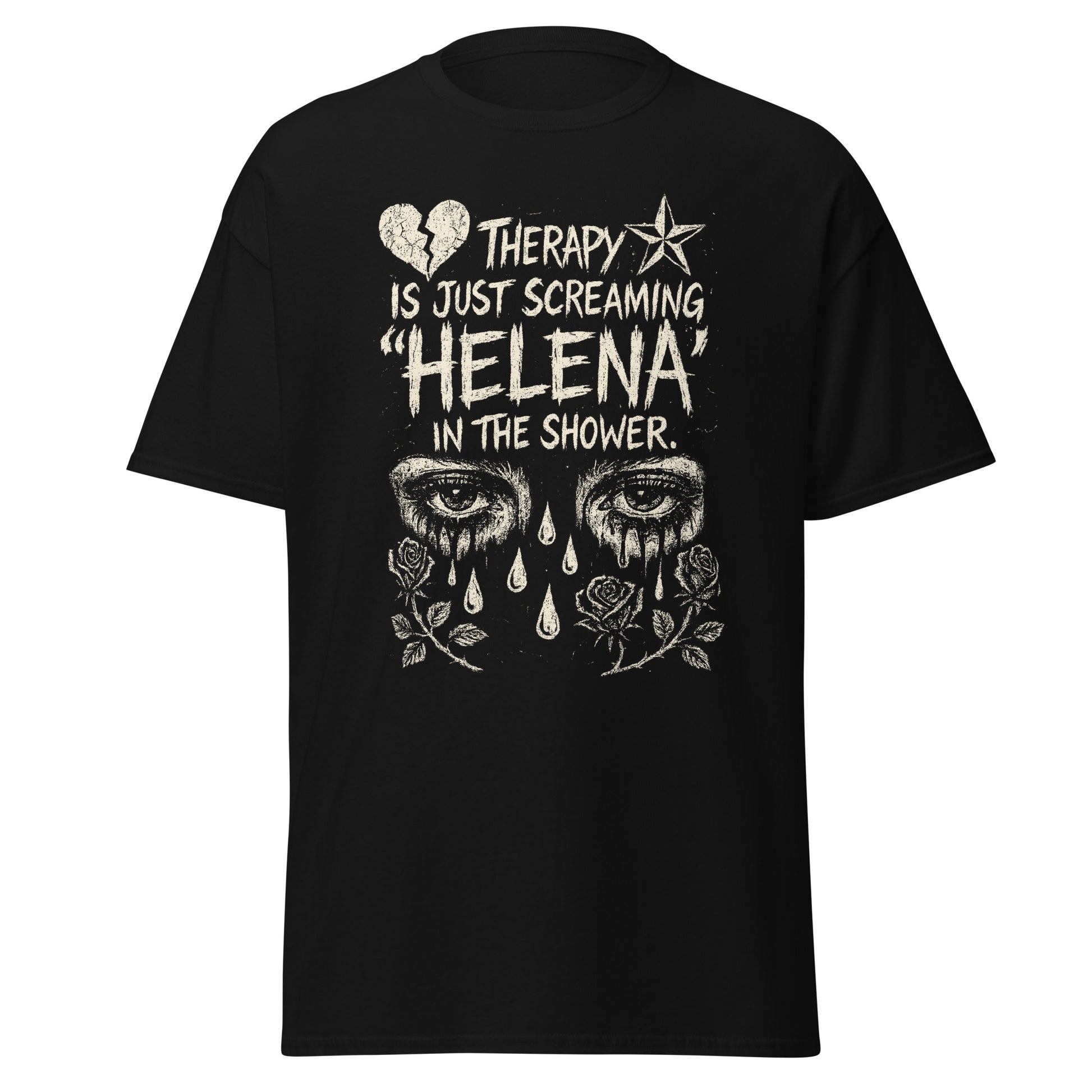 Black unisex t-shirt with bold Helena slogan, referencing screaming emotional lyrics in the shower as therapy