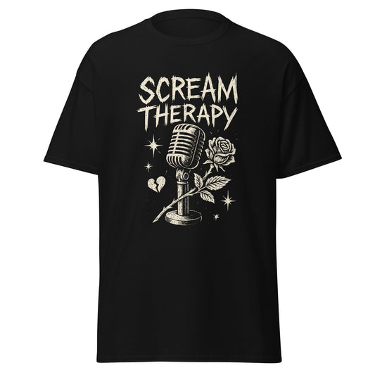 Black t-shirt with 'Scream Therapy' design featuring a microphone and rose on a white background