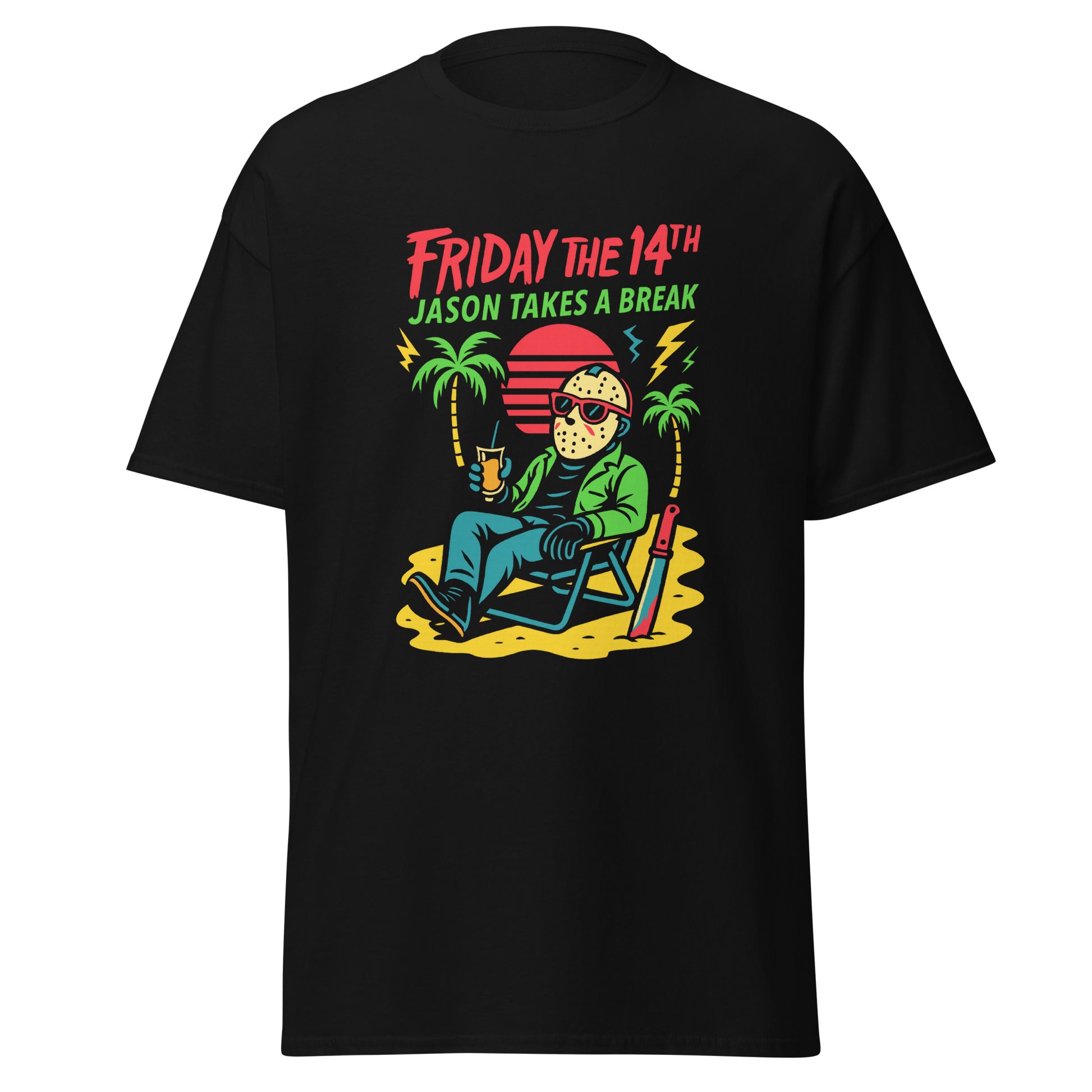 Black t-shirt with 'Friday the 14th Jason Takes a Break' graphic design on a white background