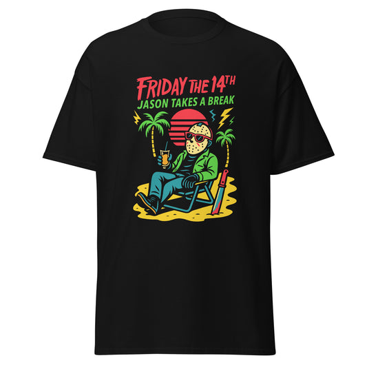 Black t-shirt with 'Friday the 14th Jason Takes a Break' graphic design on a white background
