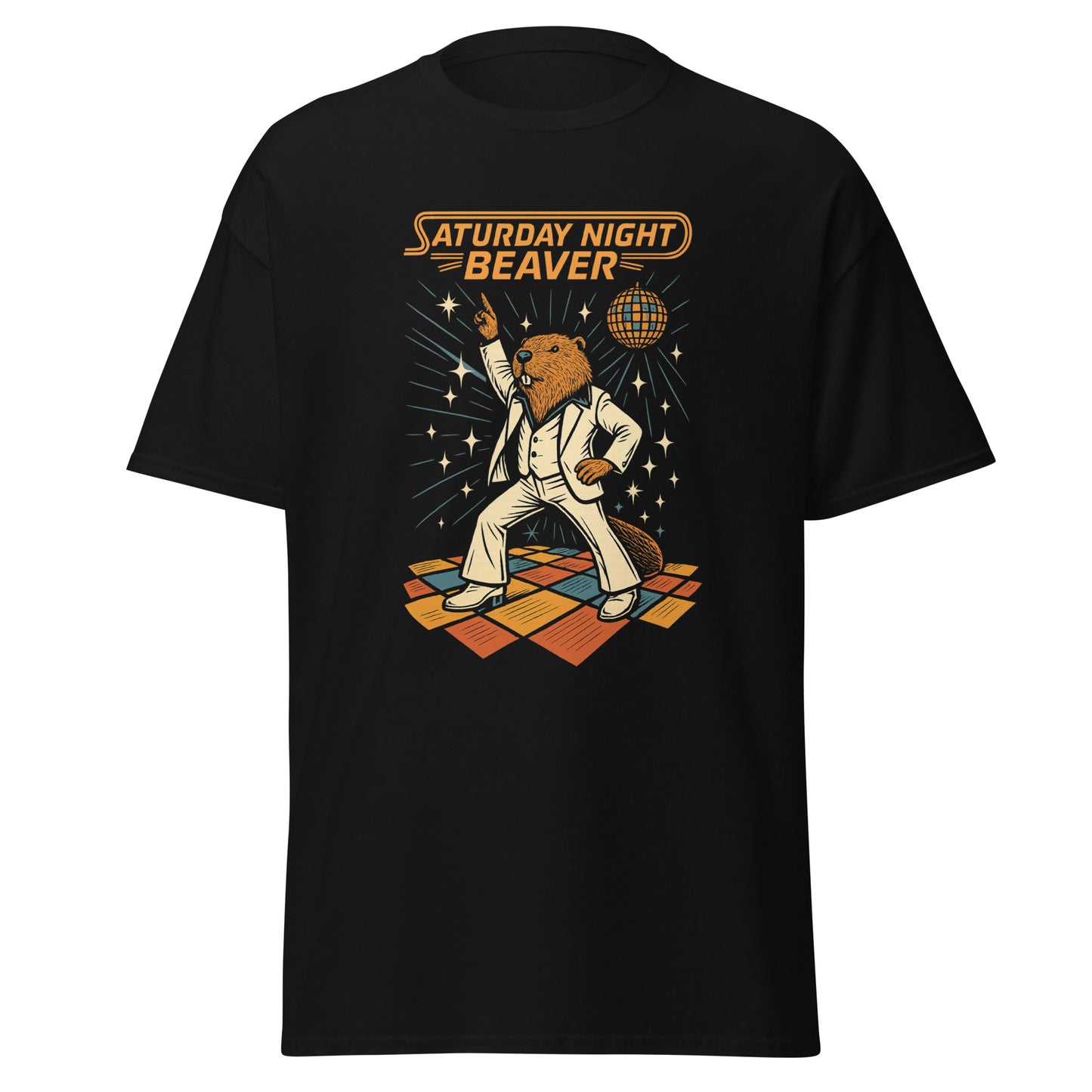 Black t-shirt with 'Saturday Night Beaver' graphic design on a white background