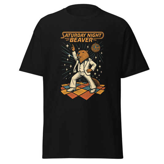 Black t-shirt with 'Saturday Night Beaver' graphic design on a white background