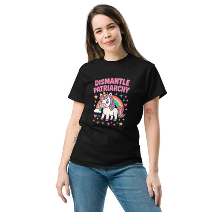 Woman wearing a black t-shirt with a unicorn graphic and text on a white background