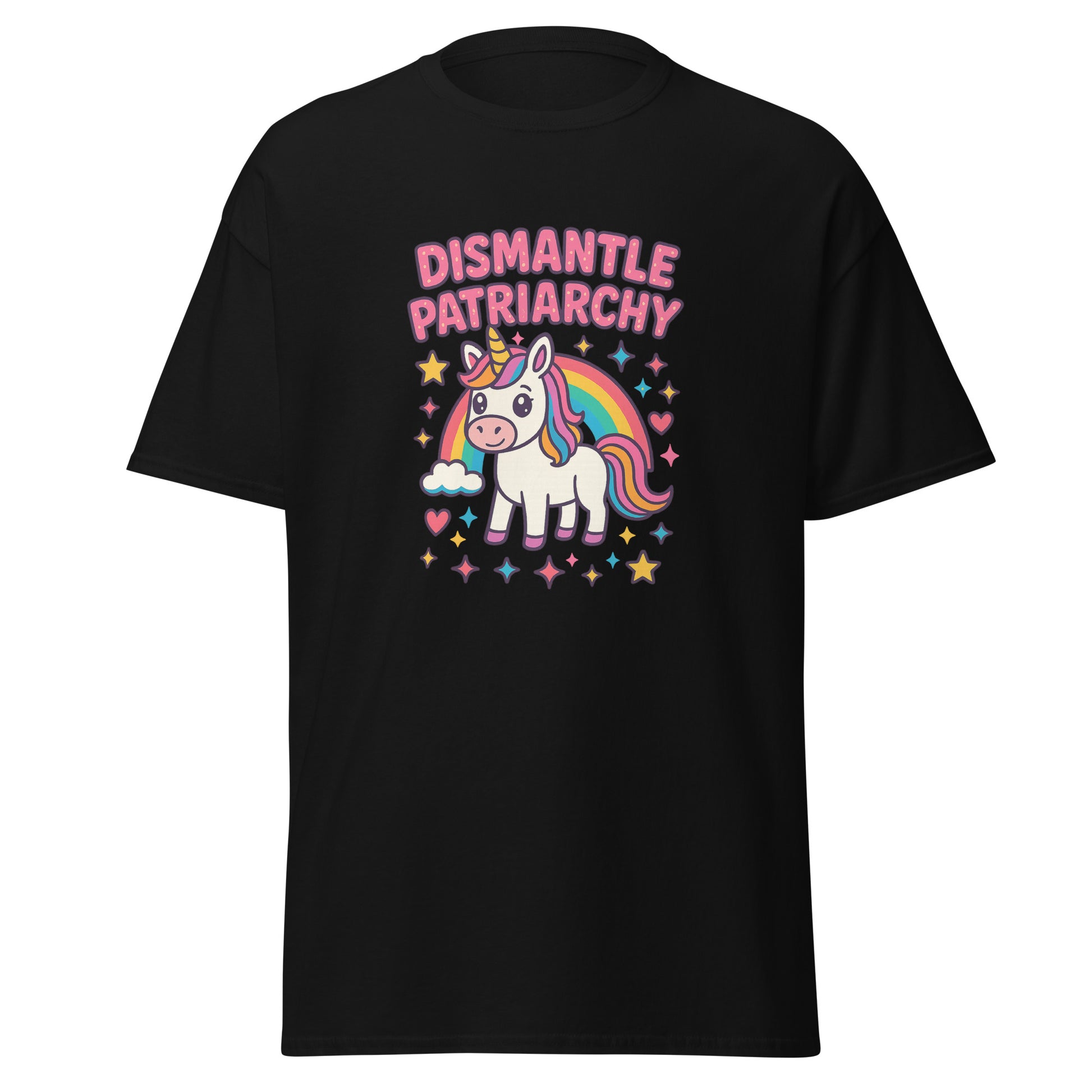 Black t-shirt with a unicorn graphic and 'Dismantle Patriarchy' text on a white background