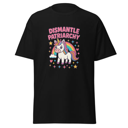Black t-shirt with a unicorn graphic and 'Dismantle Patriarchy' text on a white background