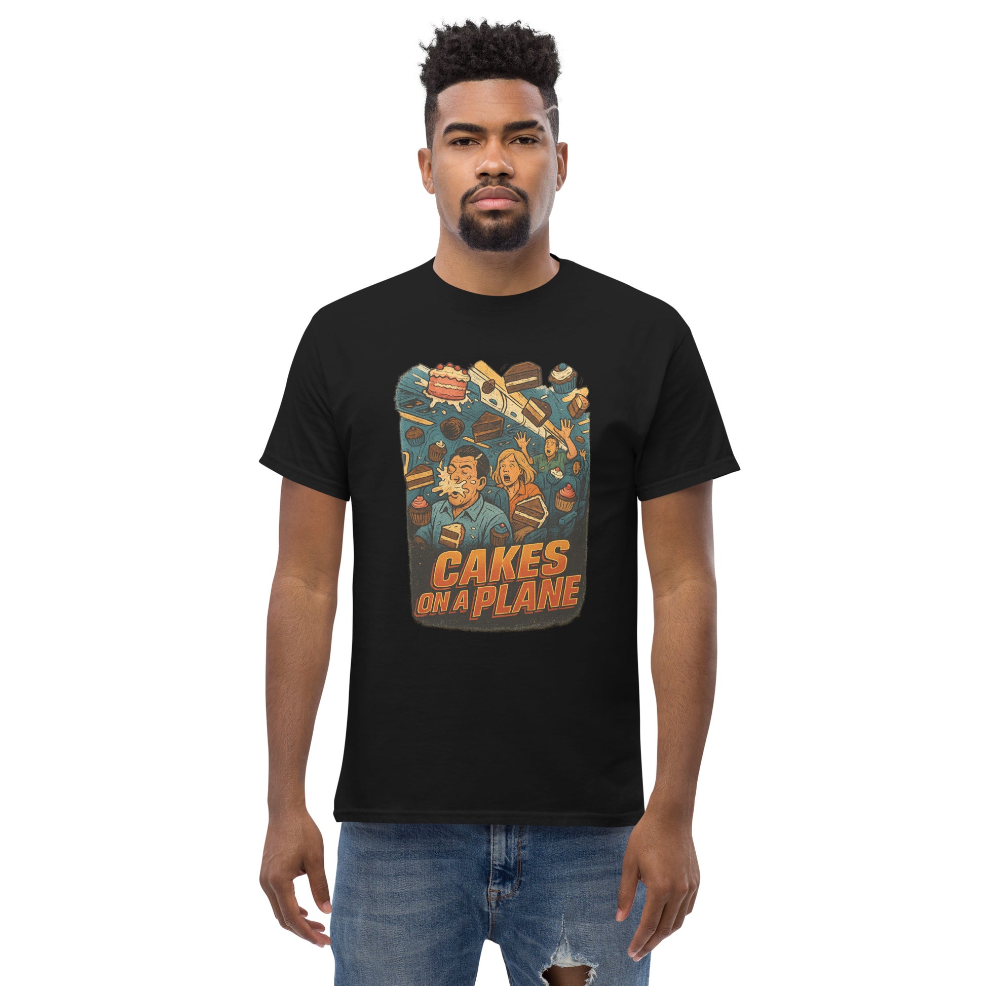 Man wearing a black t-shirt with 'Cakes on a Plane' graphic design