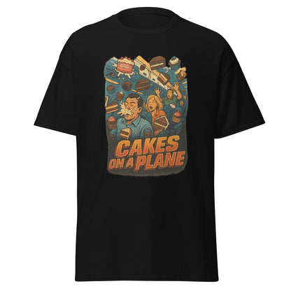 Black t-shirt with 'Cakes on a Plane' graphic design on a white background
