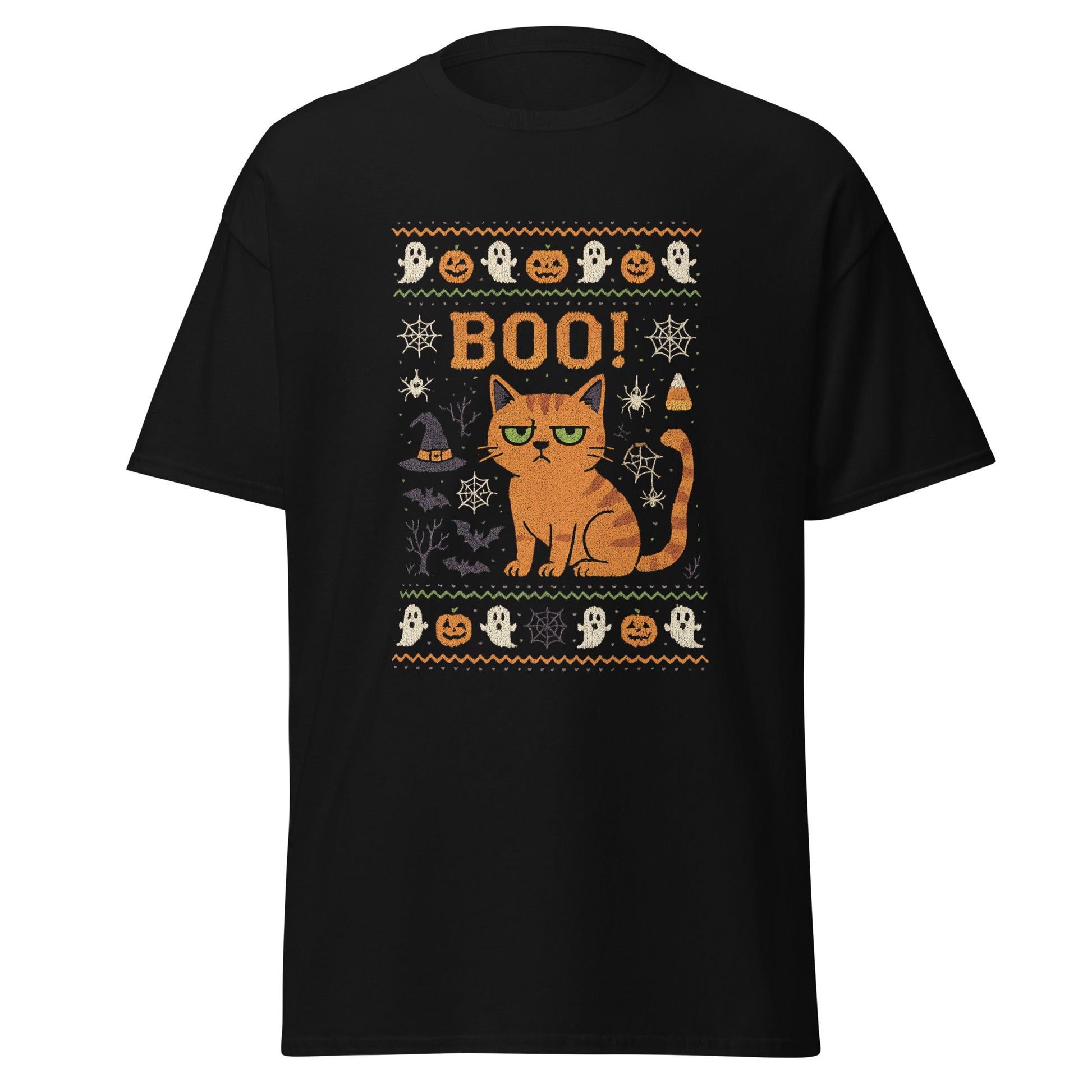 Black t-shirt with Halloween-themed design featuring a cat, pumpkins, and the word 'BOO!' on a white background.