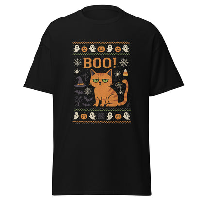 Black t-shirt with Halloween-themed design featuring a cat, pumpkins, and the word 'BOO!' on a white background.