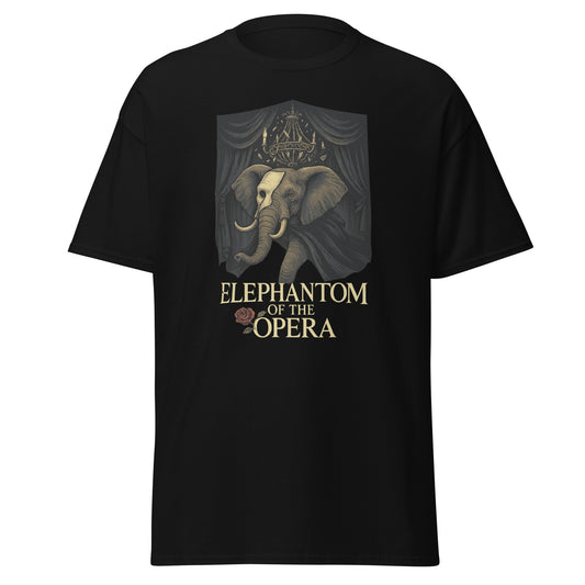 Black t-shirt with 'Elephant of the Opera' design on a white background
