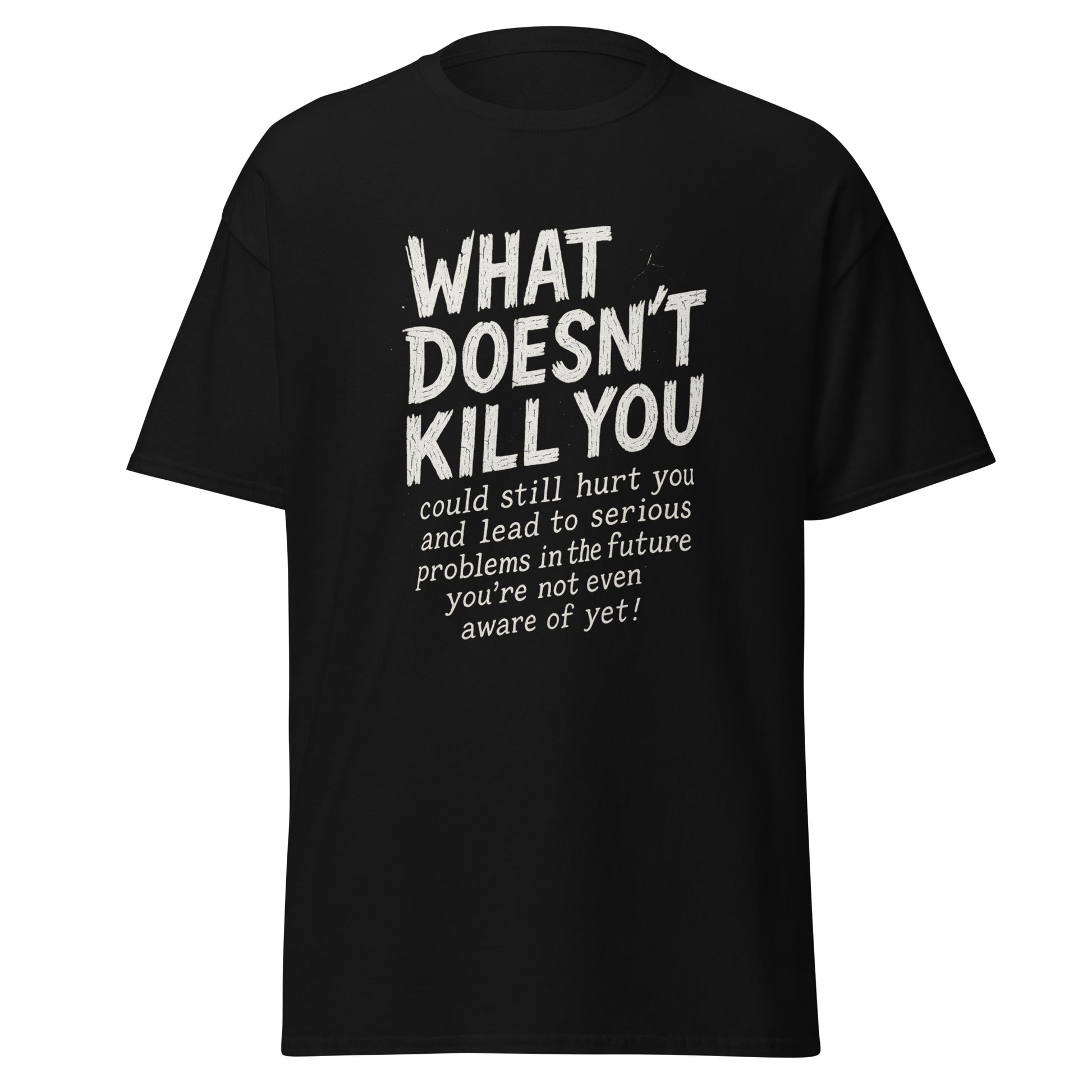 Black t-shirt with white text on a white background
