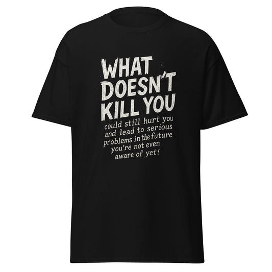 Black t-shirt with white text on a white background