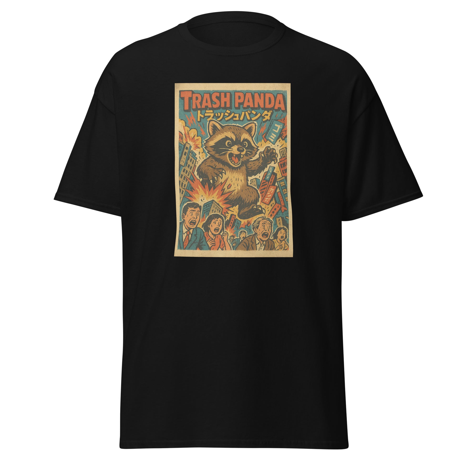 Black t-shirt with 'Trash Panda' graphic design on a white background