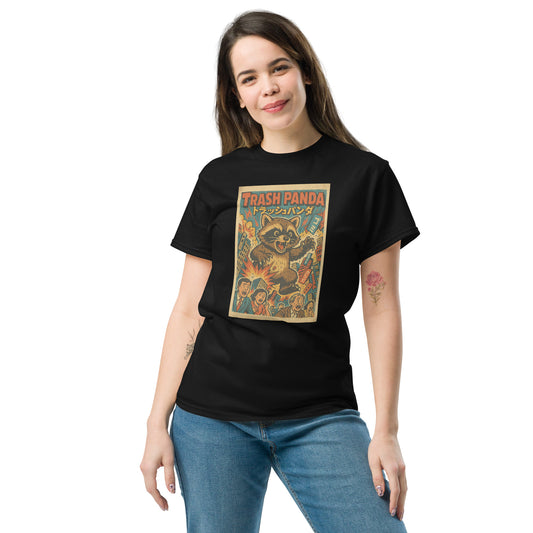 Woman wearing a black t-shirt with 'Trash Panda' graphic design on a white background