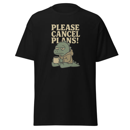 Black t-shirt with a graphic of a frog holding a coffee cup and text 'Please Cancel Plans!' on a white background.