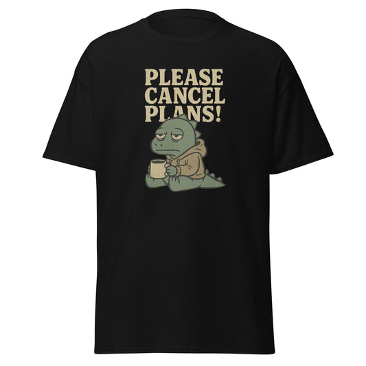 Black t-shirt with a graphic of a frog holding a coffee cup and text 'Please Cancel Plans!' on a white background.